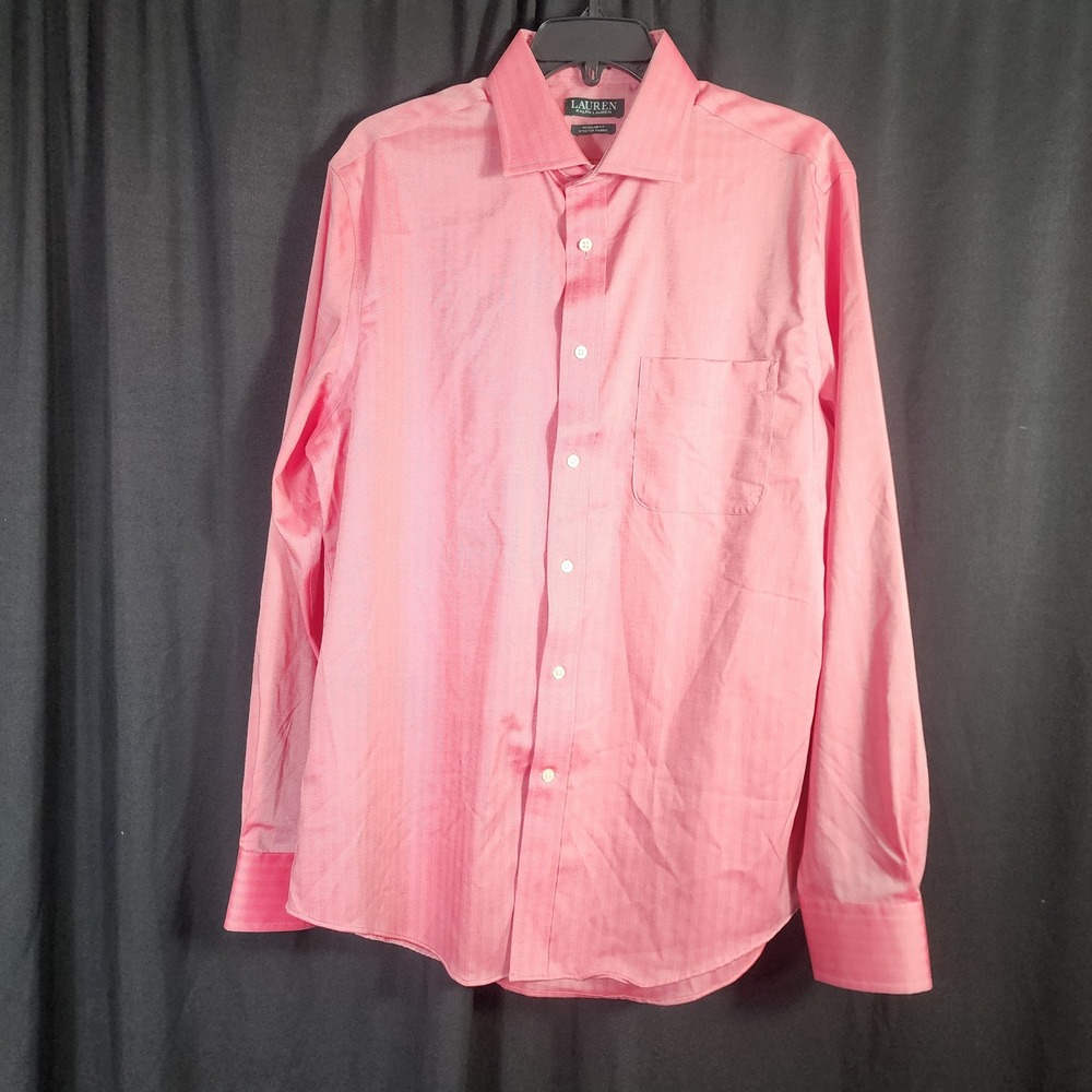 Lauren Ralph Lauren Men's Pink Herringbone Regular‎ Fit Stretch Dress Shirt L